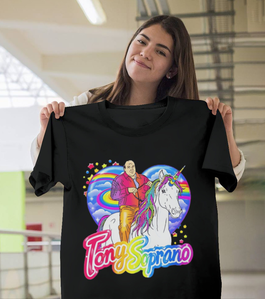 Tony Soprano Riding Rainbow Unicorn With Heart And Stars T-Shirt
