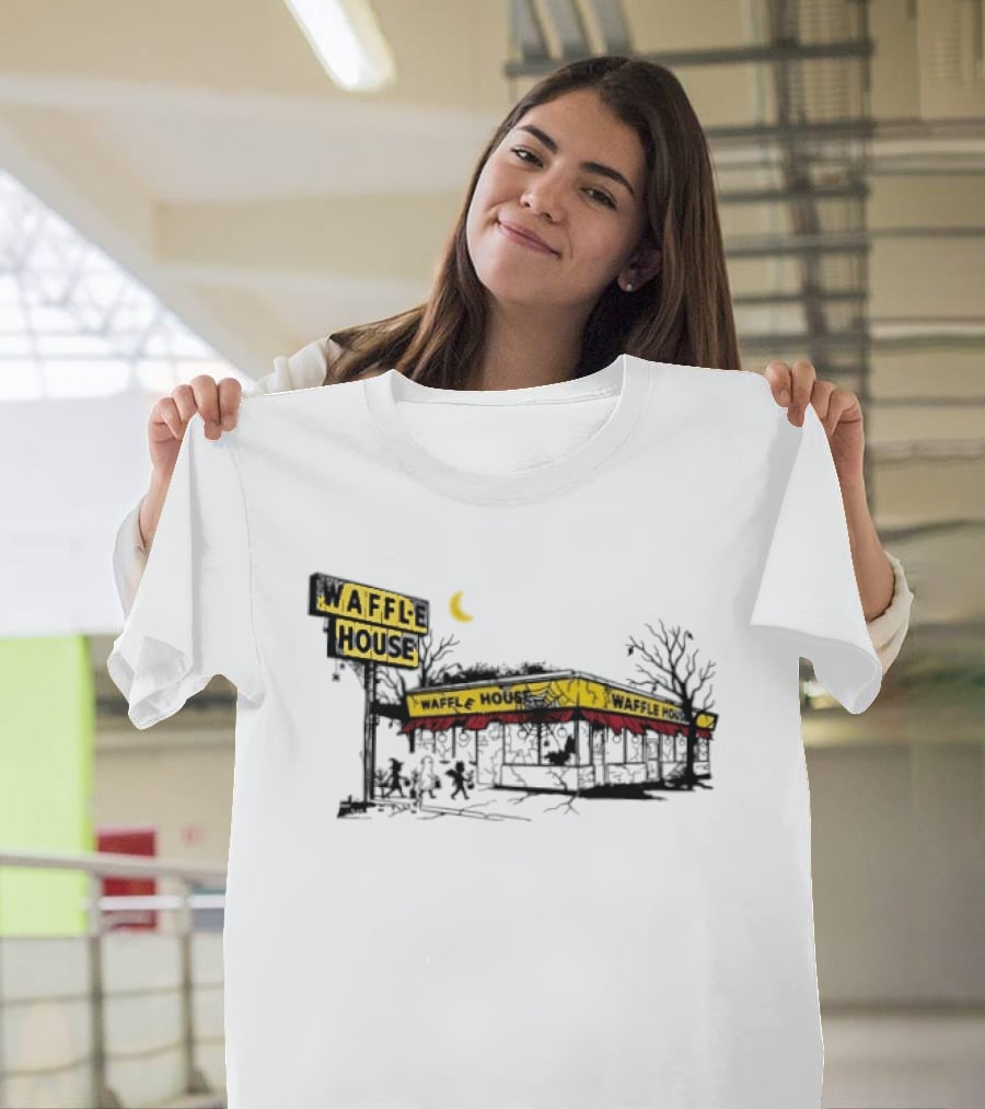 Haunted Waffle House Halloween 2026 Spooky Night Scene With Moon And Trees T-Shirt