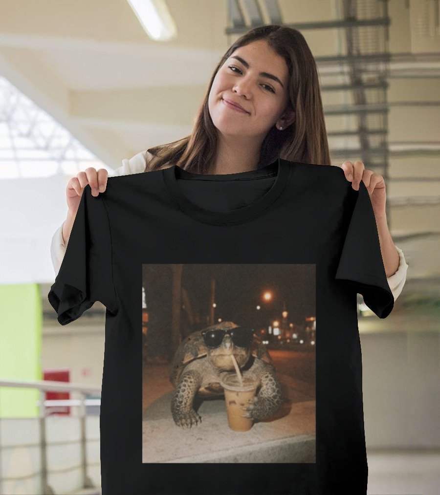 Turtle Wearing Sunglasses Drinking Iced Coffee At Night T-Shirt