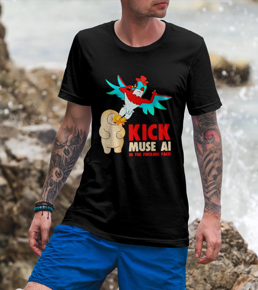 Kick Muse AI In The Face Protest Cartoon Bird Kicking T-Shirt