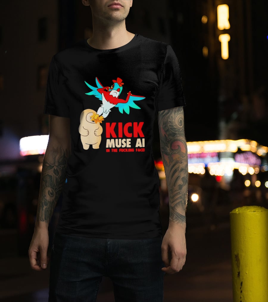 Kick Muse AI In The Face Protest Cartoon Bird Kicking T-Shirt