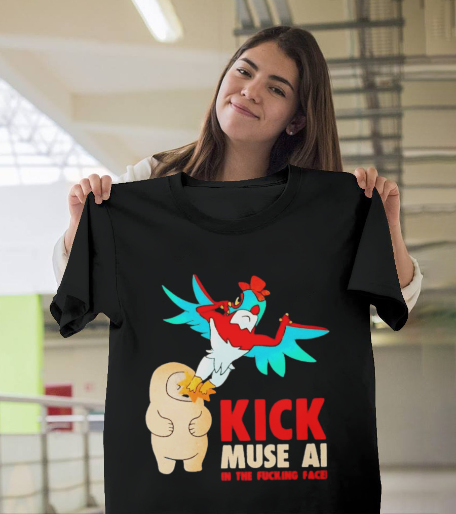 Kick Muse AI In The Face Protest Cartoon Bird Kicking T-Shirt