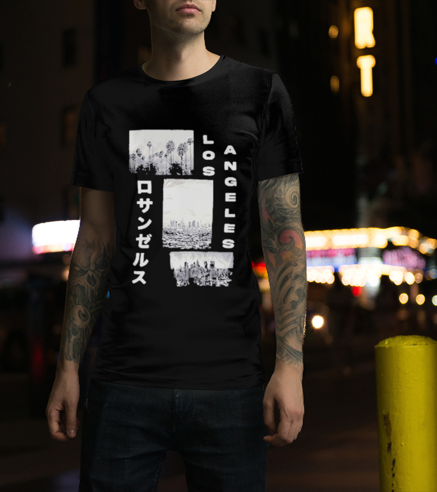 Los Angeles Cityscape With Japanese Text Satin Patch T-Shirt