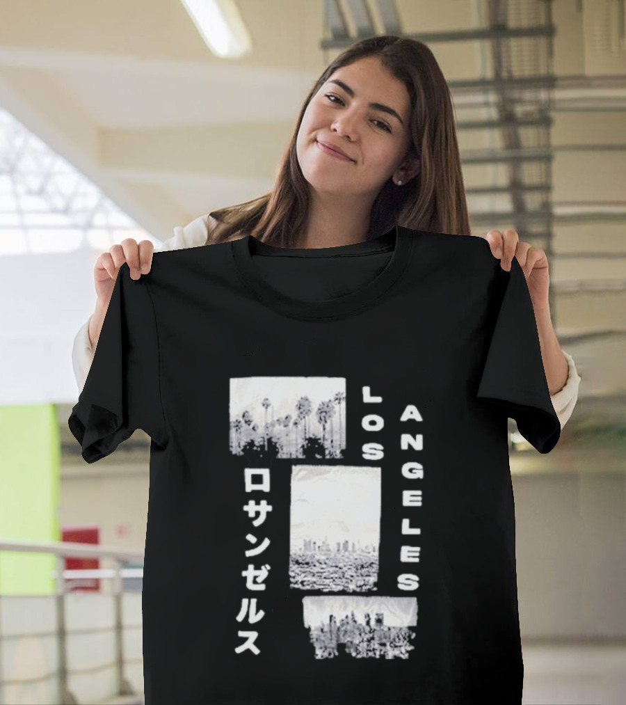 Los Angeles Cityscape With Japanese Text Satin Patch T-Shirt