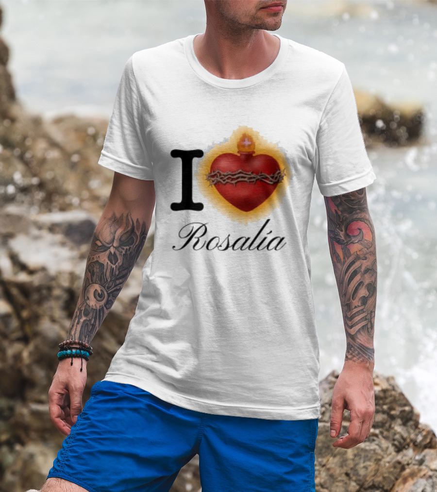 Rosalia Store Heart Symbol With Crown Of Thorns And Flame T-Shirt