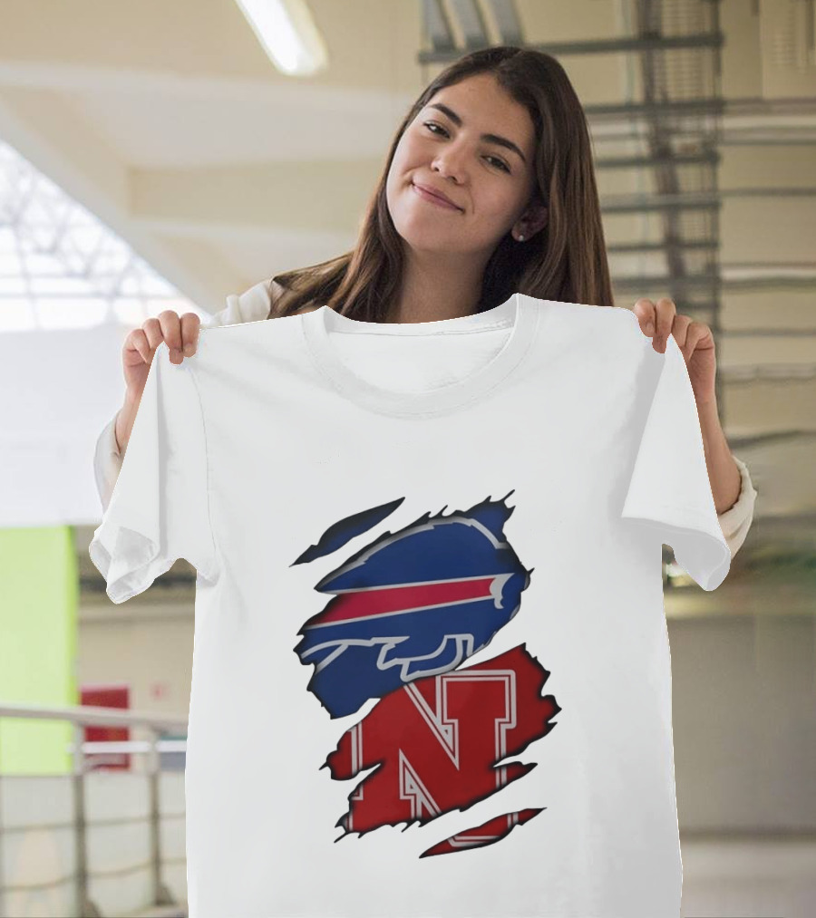 Buffalo Bills Nebraska Cornhuskers Ripped Effect Football Logos T-Shirt