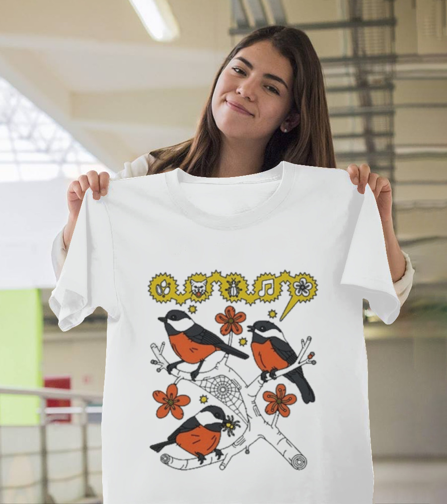 Chickadee Birds With Flowers And Music Notes T-Shirt