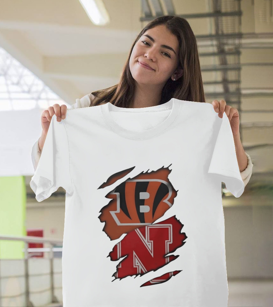 Cincinnati Bengals Nebraska Cornhuskers Combined Logos Ripped Fan Pride T-Shirt