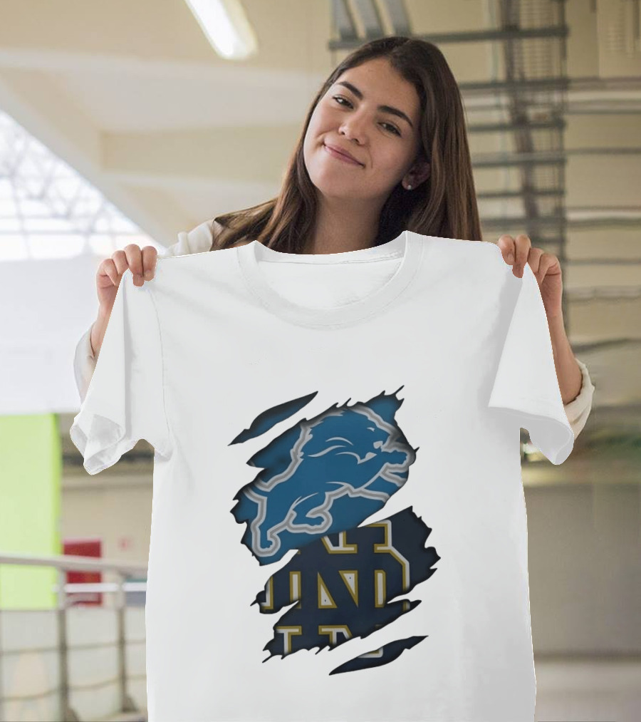 Detroit Lions Notre Dame Fighting Irish Distressed Logo Combination T-Shirt