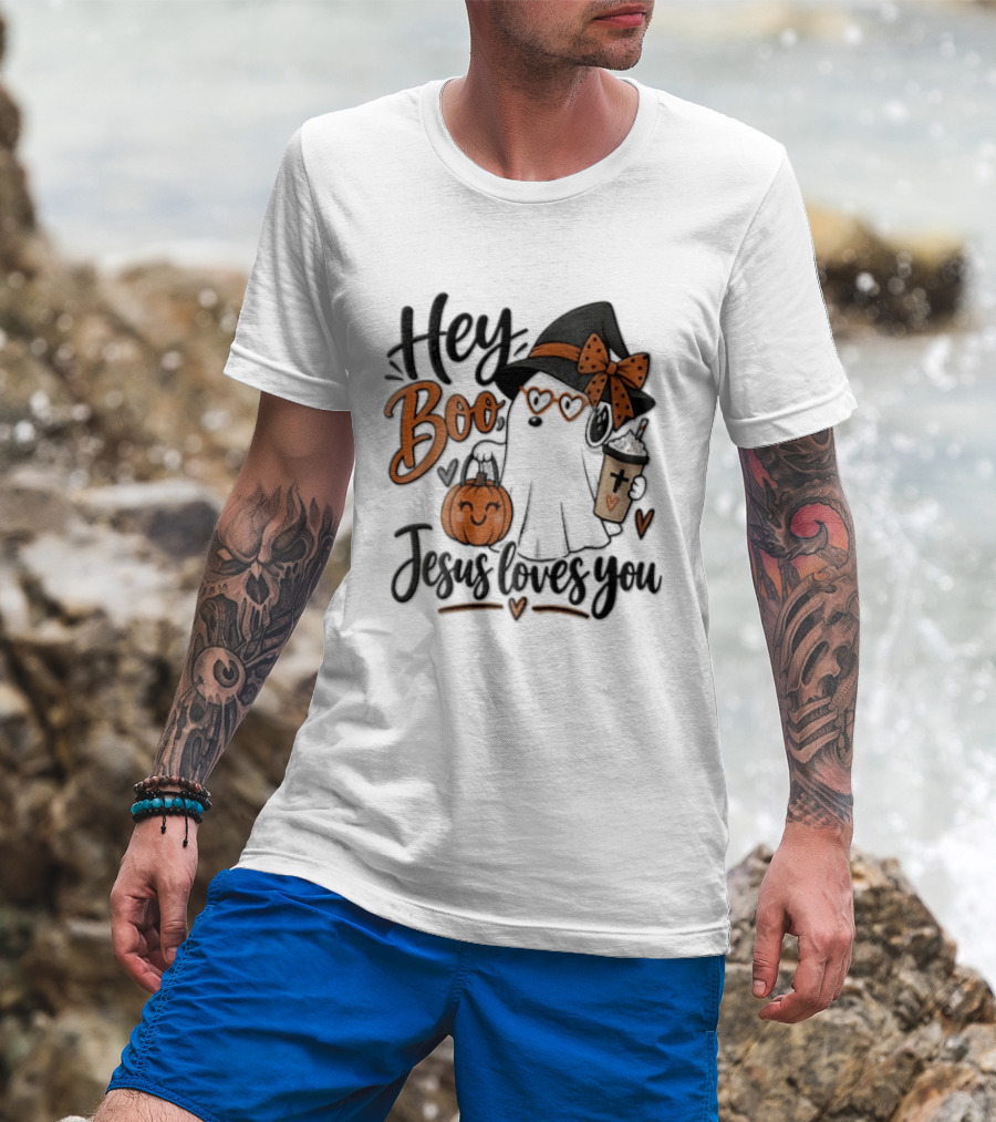 Hey Boo Jesus Loves You Ghost Witch Hat Glasses Pumpkin T-Shirt