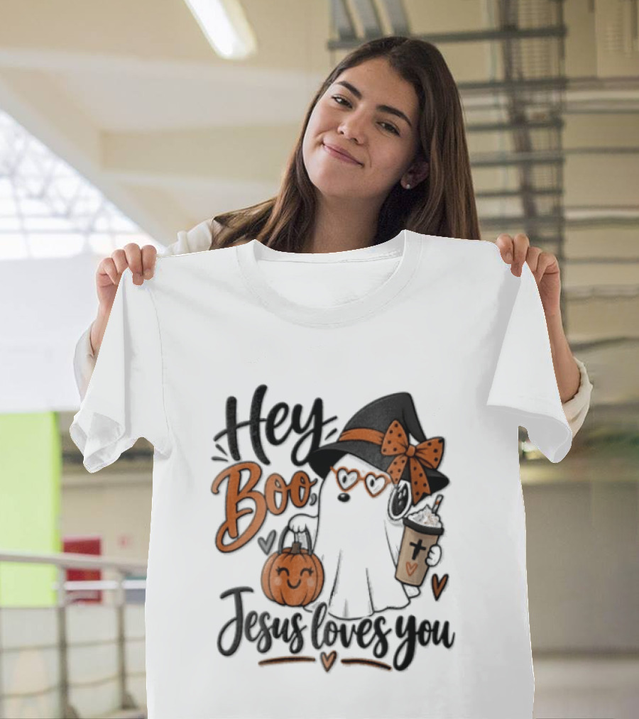 Hey Boo Jesus Loves You Ghost Witch Hat Glasses Pumpkin T-Shirt