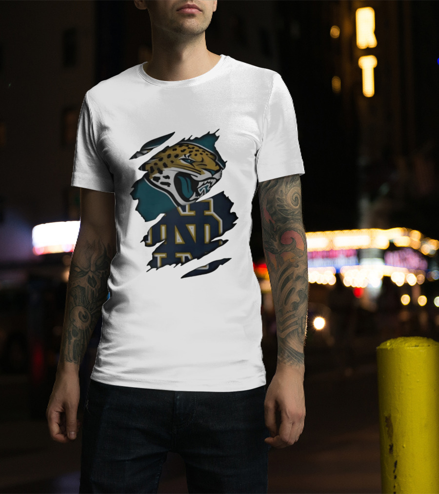 Jacksonville Jaguars Notre Dame Fighting Irish Distressed Crossover Fan T-Shirt