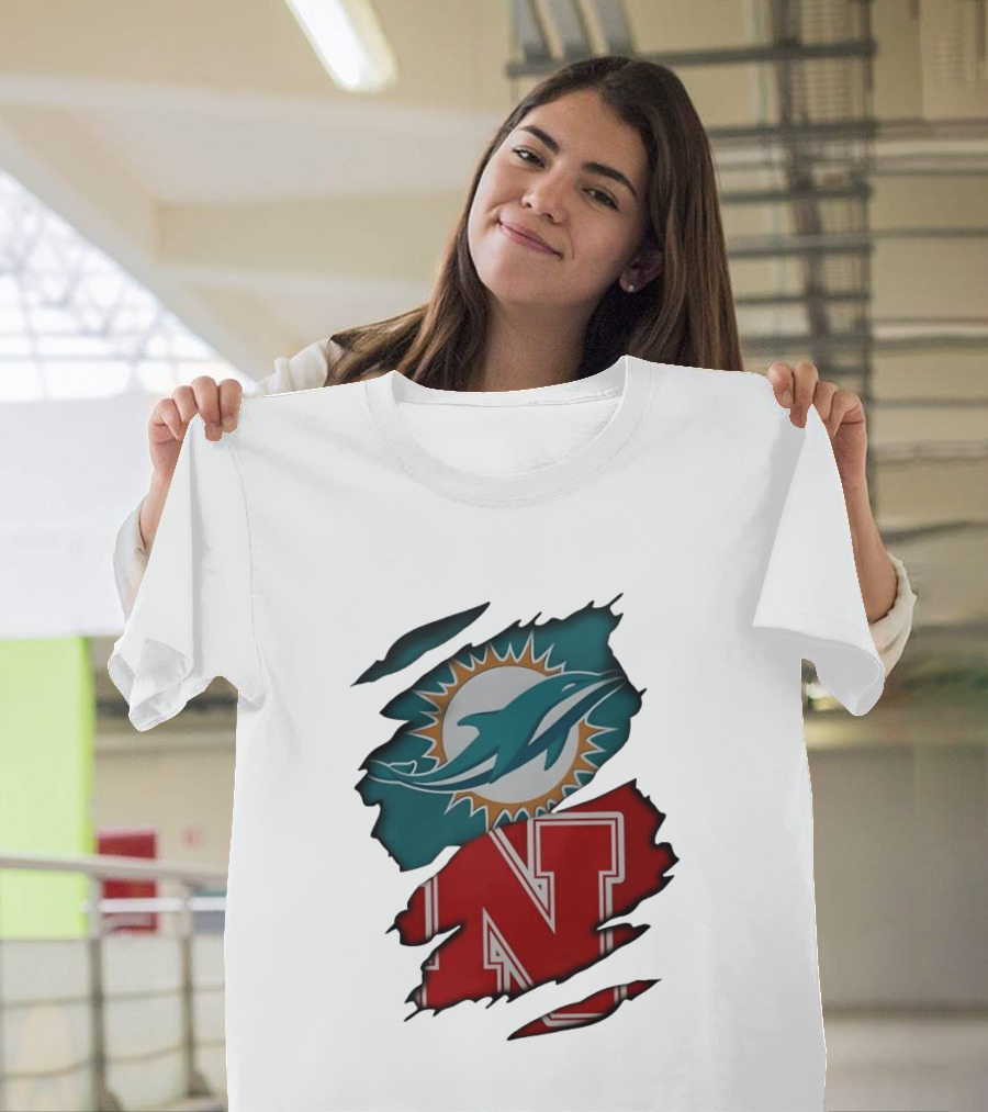 Miami Dolphins Nebraska Cornhuskers Ripped Skin Effect Football Team Fan T-Shirt