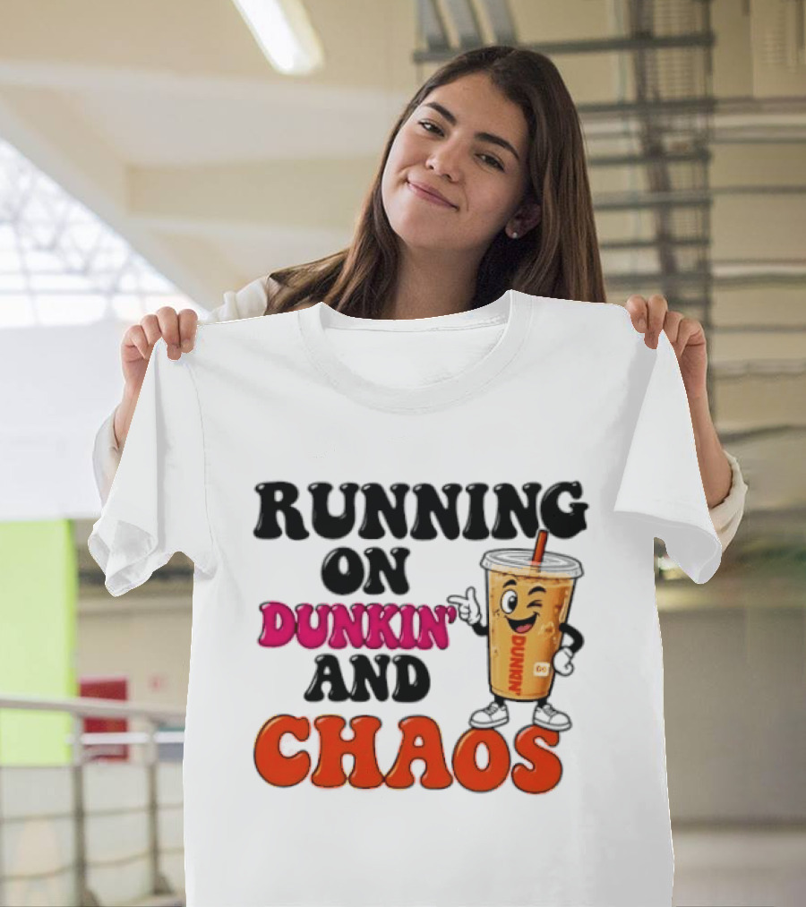 Running On Dunkin' And Chaos Coffee Winking Iced Drink T-Shirt