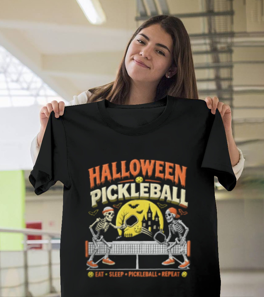Halloween Pickleball Eat Sleep Pickleball Repeat Two Skeletons Haunted House T-Shirt
