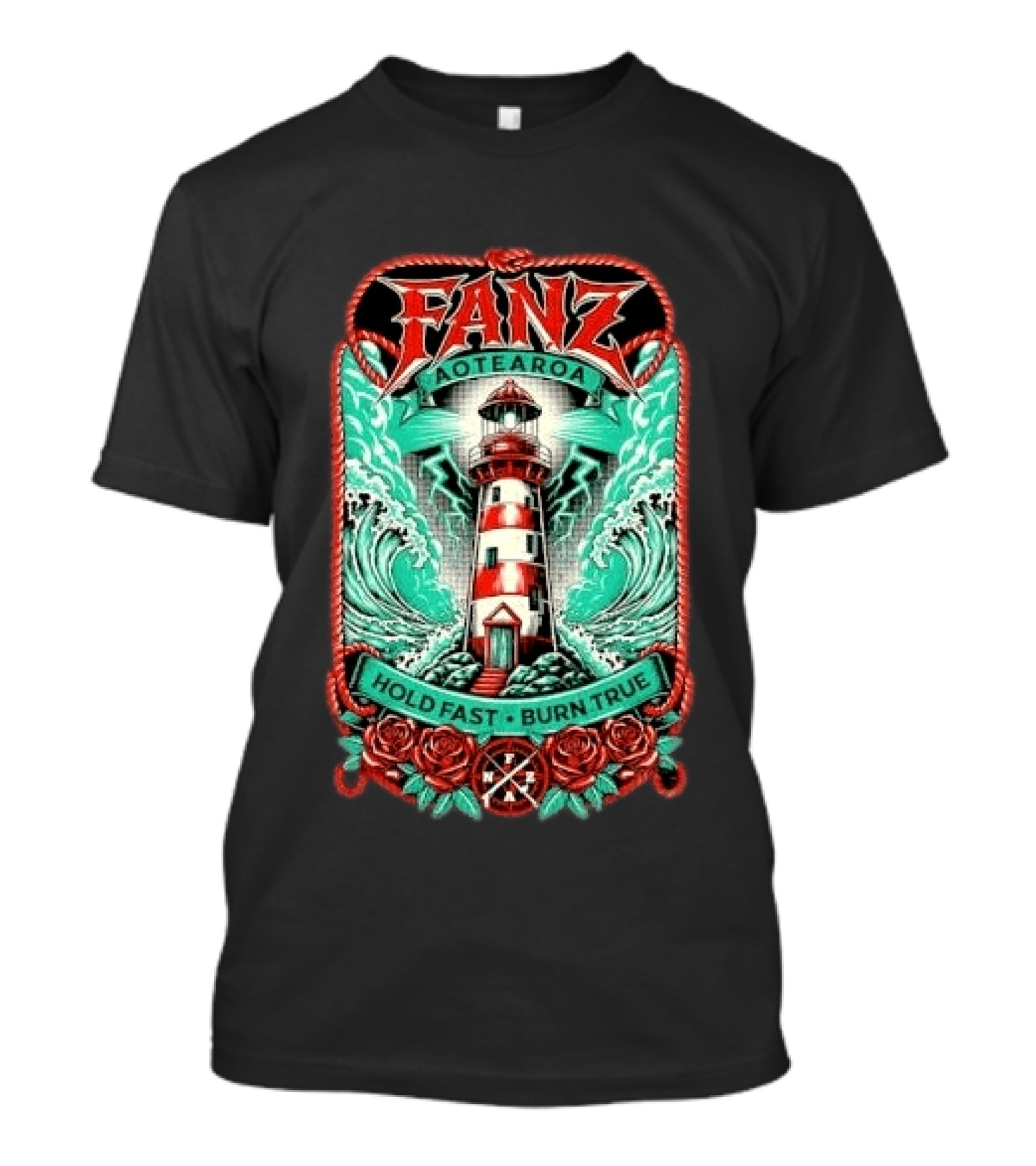 Fanz Aotearoa Hold Fast Burn True Striped Lighthouse Stormy Waves Lightning Roses Rope T-Shirt