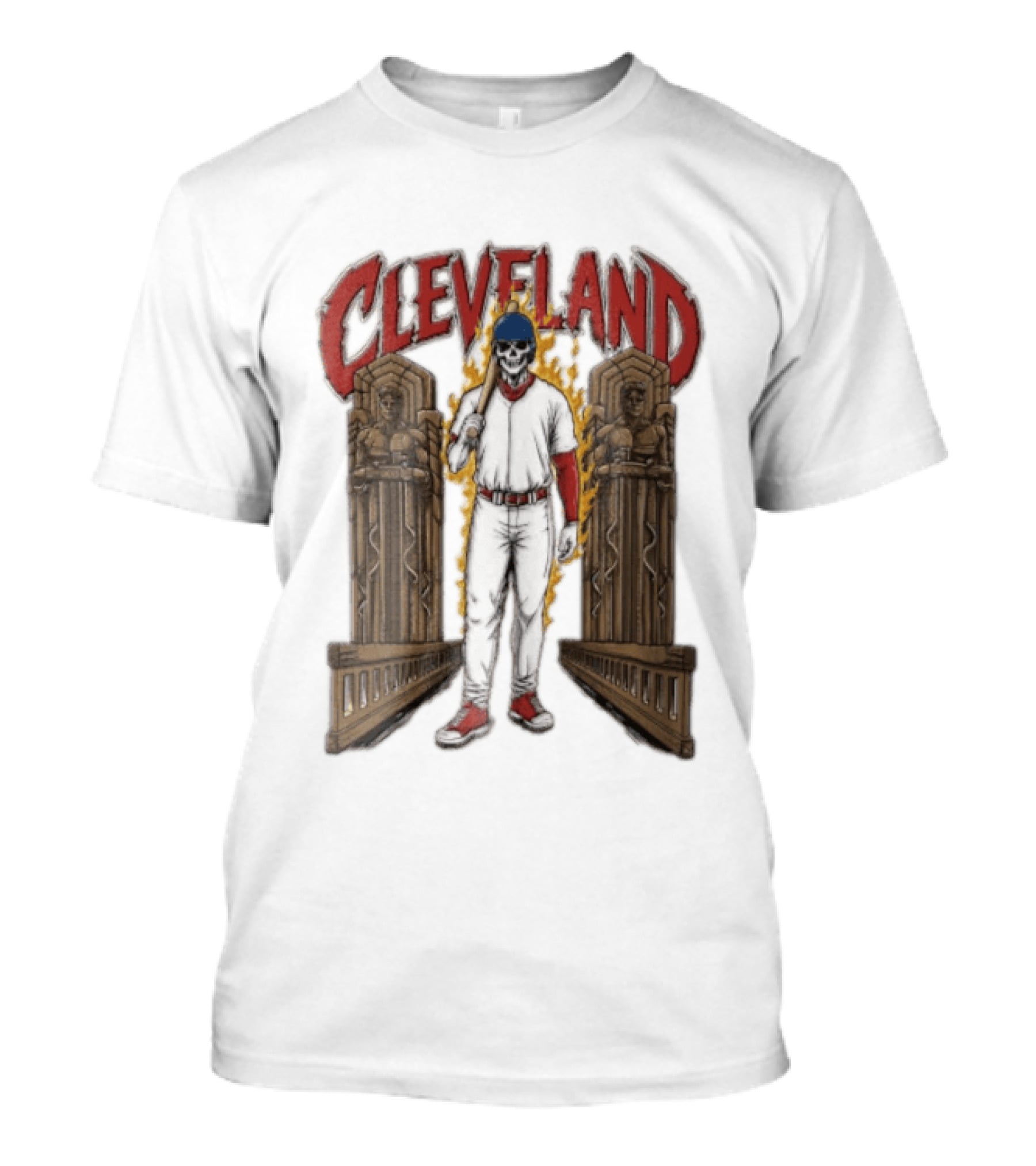 Cleveland Guardians Skeleton Baseball Player Flaming Statue T-Shirt