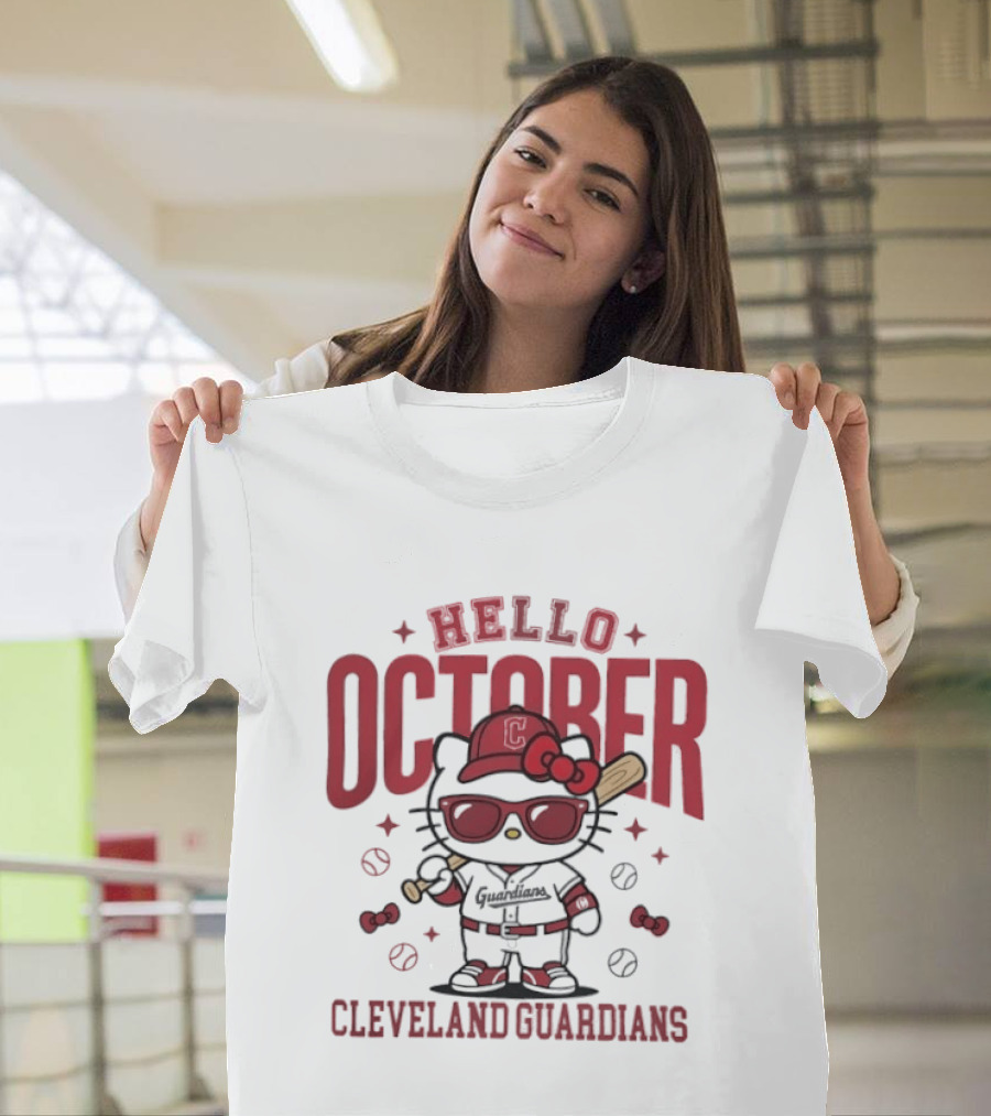 Hello Kitty Cleveland Guardians Hello October Baseball Player Cartoon T-Shirt