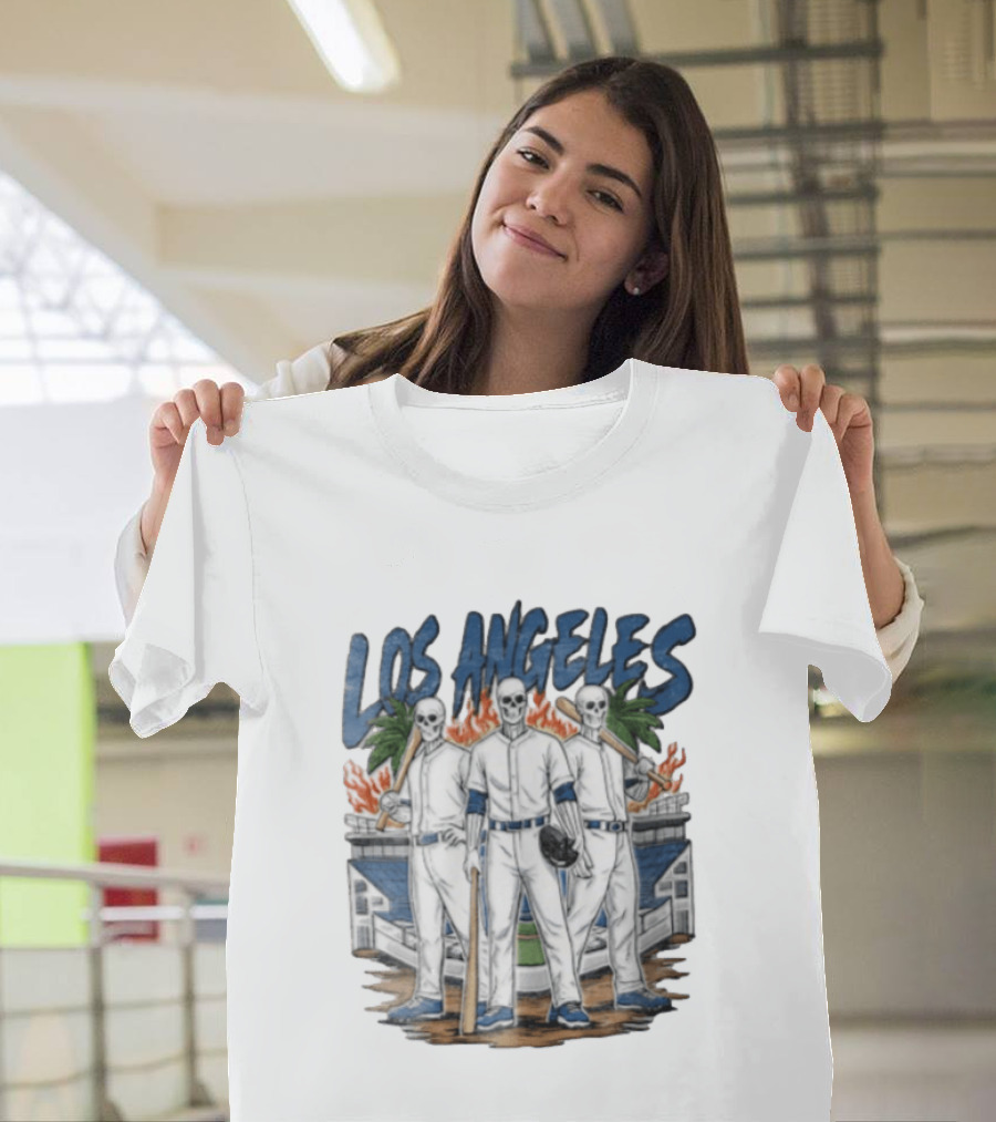 Los Angeles Skeleton Baseball Players Stadium Flames Palms T-Shirt
