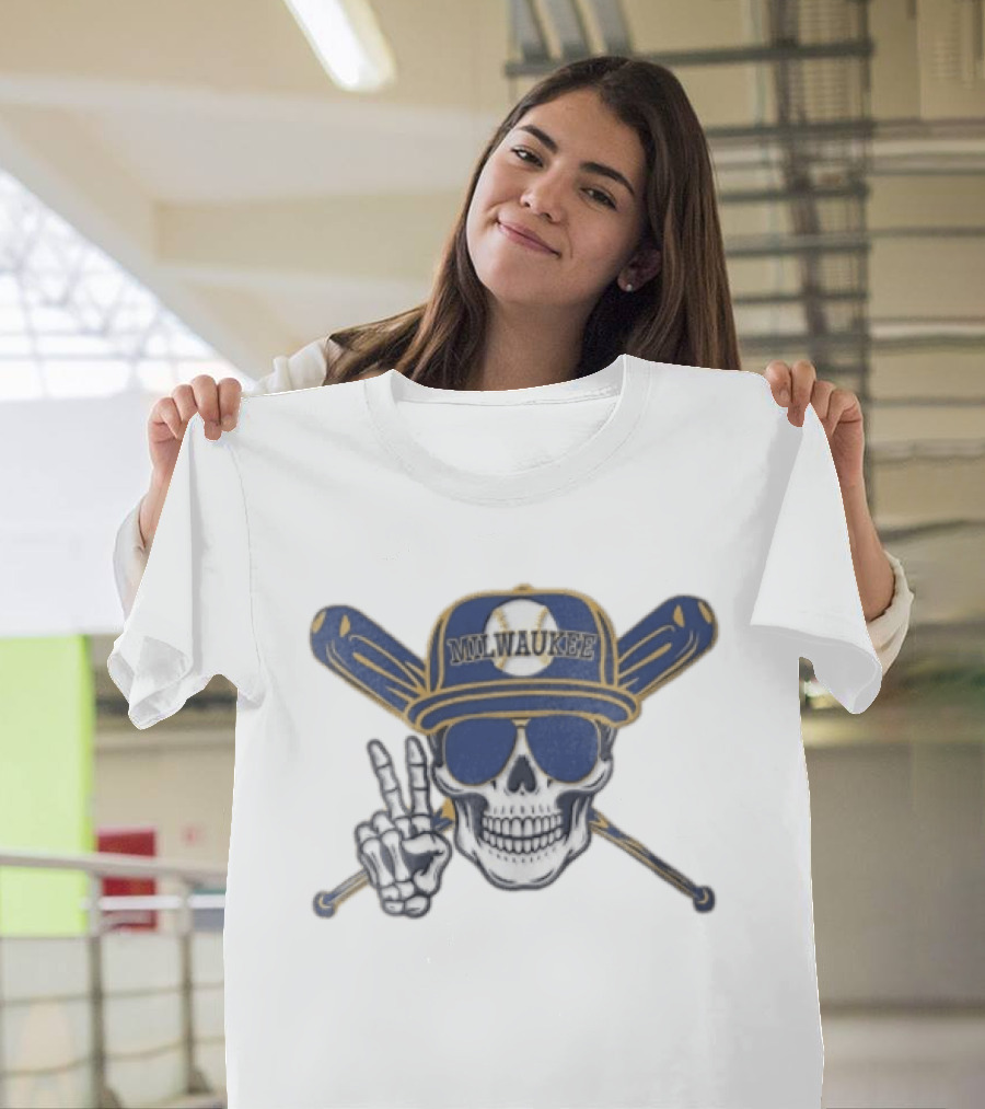 Milwaukee Brewers Skull Cap Sunglasses Peace Sign Baseball Bats T-Shirt