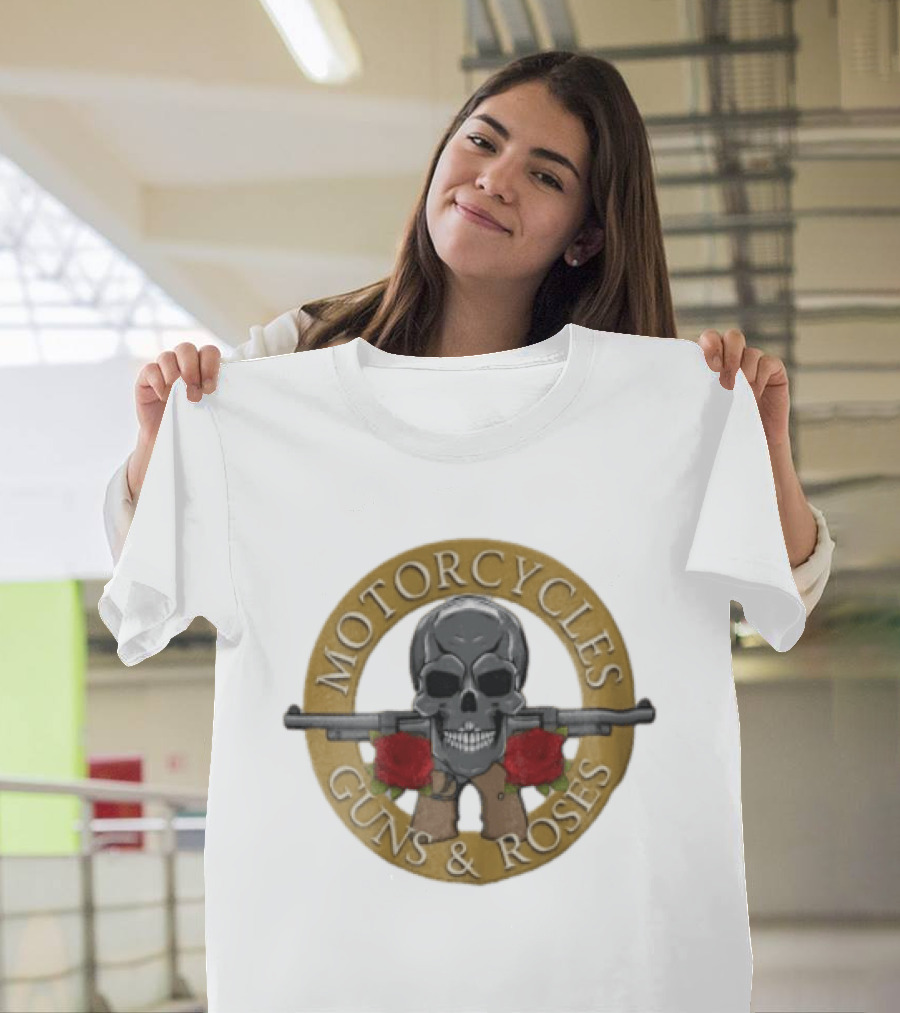 Motorcycles Guns And Roses Skull Shotgun Red T-Shirt