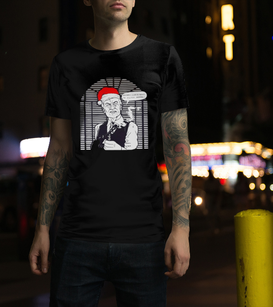 Joe Pesci Merry Christmas Ya Filthy Animal Home Alone Christmas Hat Smoking Gun Scene T-Shirt