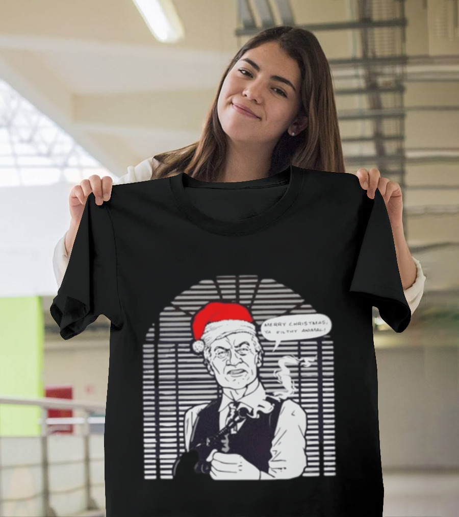 Joe Pesci Merry Christmas Ya Filthy Animal Home Alone Christmas Hat Smoking Gun Scene T-Shirt