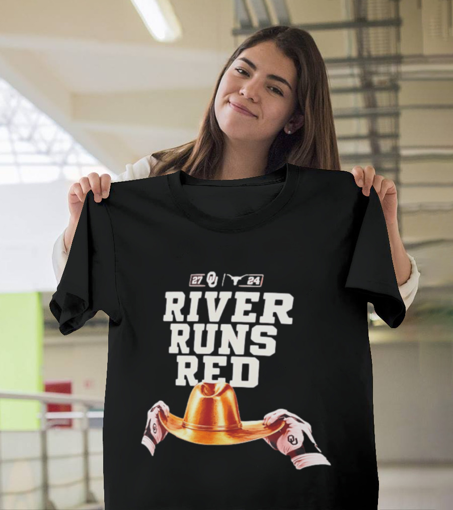 Oklahoma Sooners River Runs Red Golden Hat 2024 Victory T-Shirt