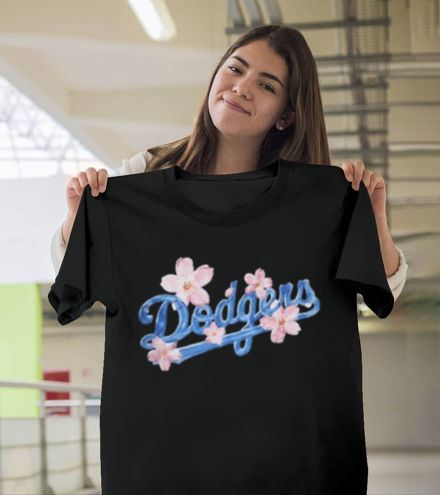 Los Angeles Dodgers Blue Script Pink Flowers T-Shirt