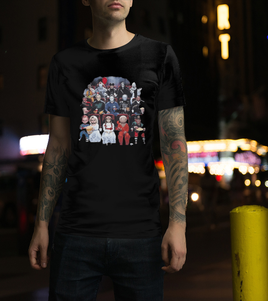 Horror Movie Characters In Cinema Seating With Popcorn And Drinks T-Shirt