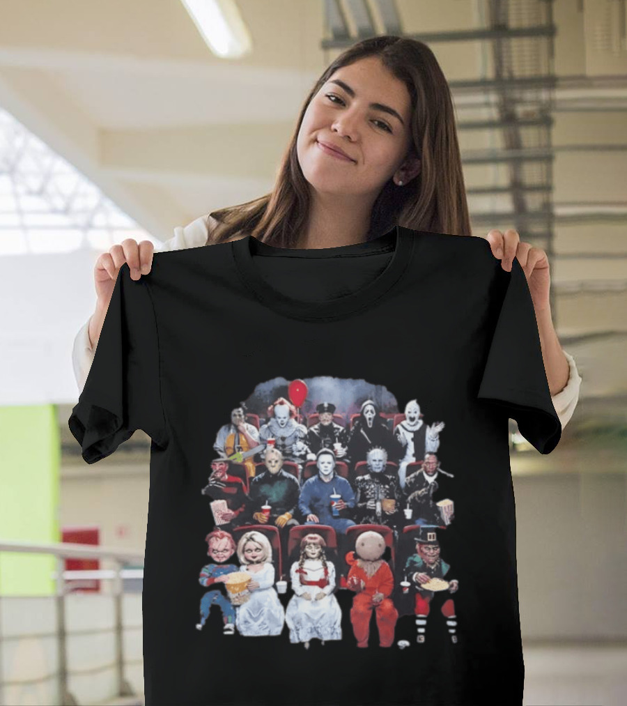 Horror Movie Characters In Cinema Seating With Popcorn And Drinks T-Shirt
