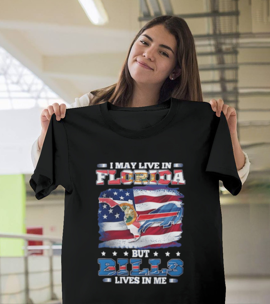 I May Live In Florida But Bills Lives In Me Buffalo Bills Flag Map T-Shirt