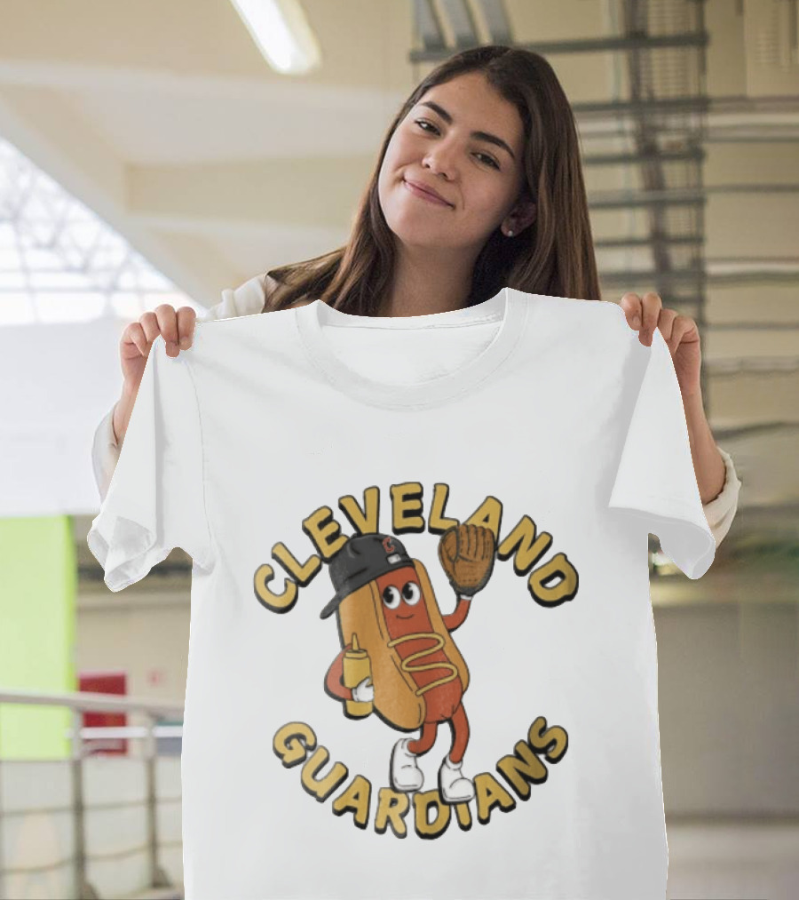 Cleveland Guardians Hot Dog Baseball Mascot Mustard Glove T-Shirt