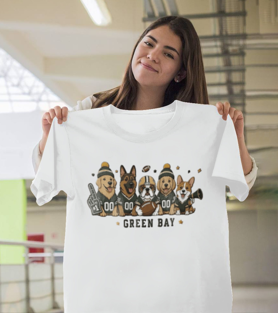 Green Bay Five Dogs In Jerseys With Football Packers Fan Gear T-Shirt