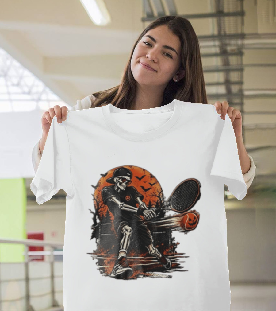 Halloween Skeleton Tennis Player With Pumpkin Ball And Full Moon T-Shirt