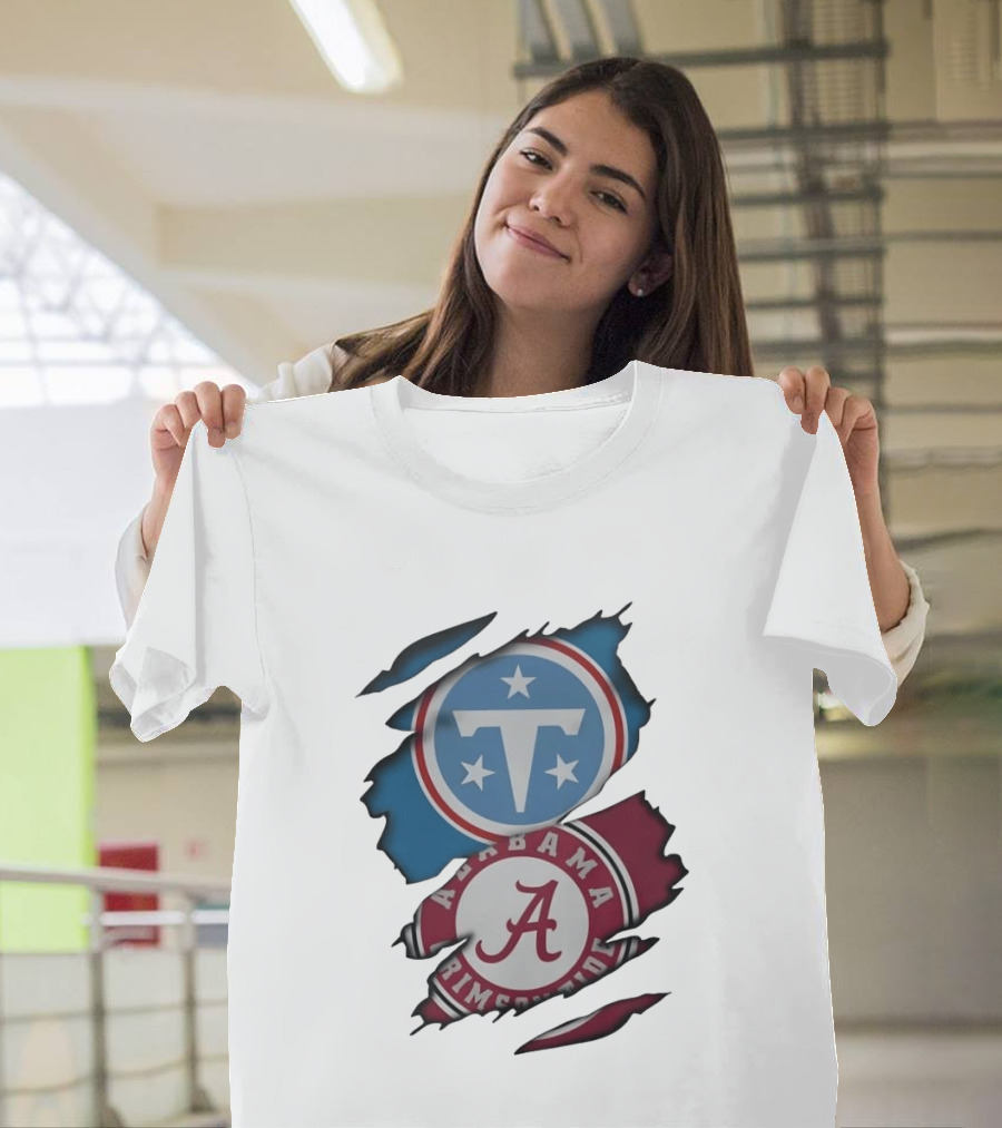 Tennessee Titans Alabama Crimson Tide Ripped Fabric Sports Fan Gear T-Shirt