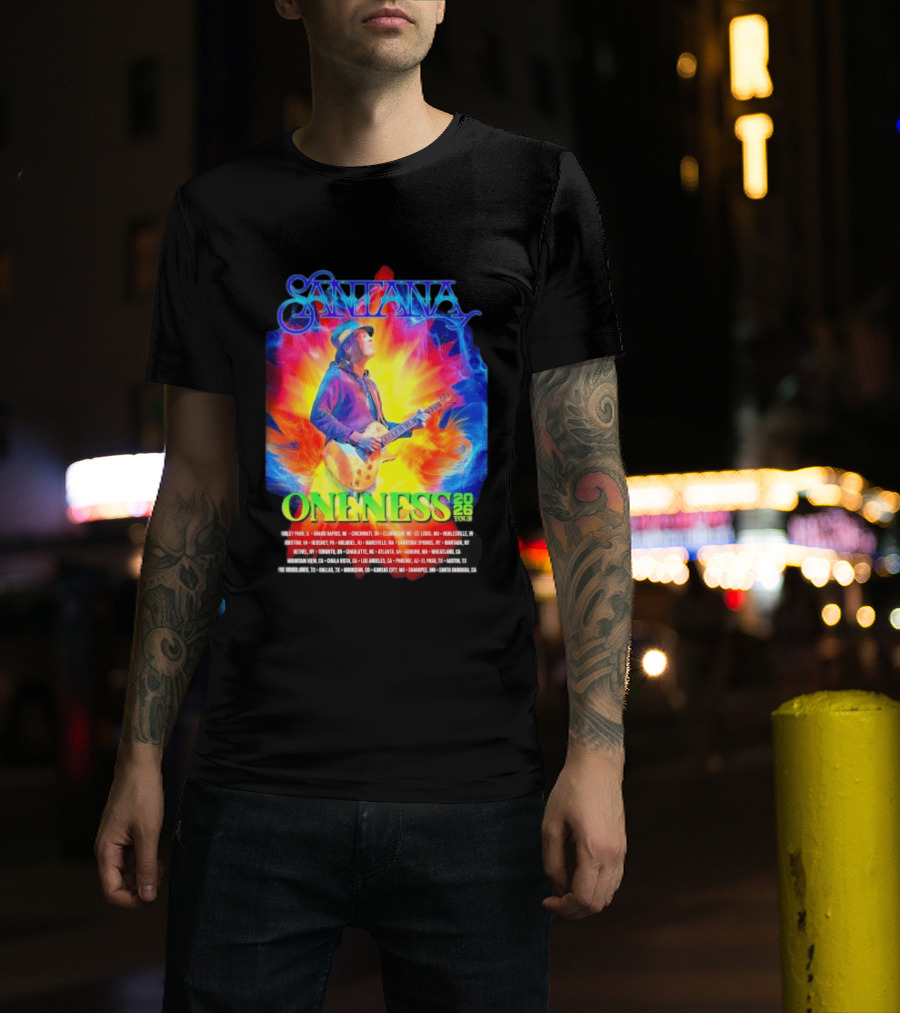 Santana Oneness 2026 Tour Carlos Santana Fire And Ice Tinley Park IL To Santa Barbara CA T-Shirt