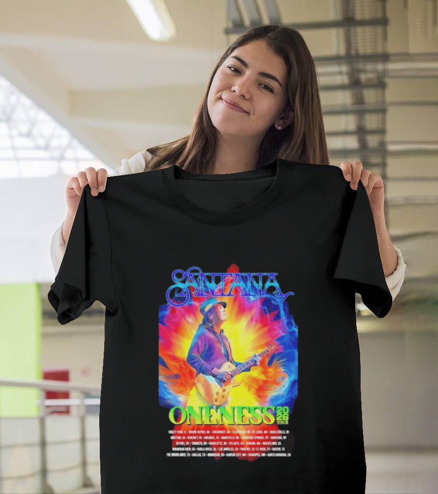 Santana Oneness 2026 Tour Carlos Santana Fire And Ice Tinley Park IL To Santa Barbara CA T-Shirt