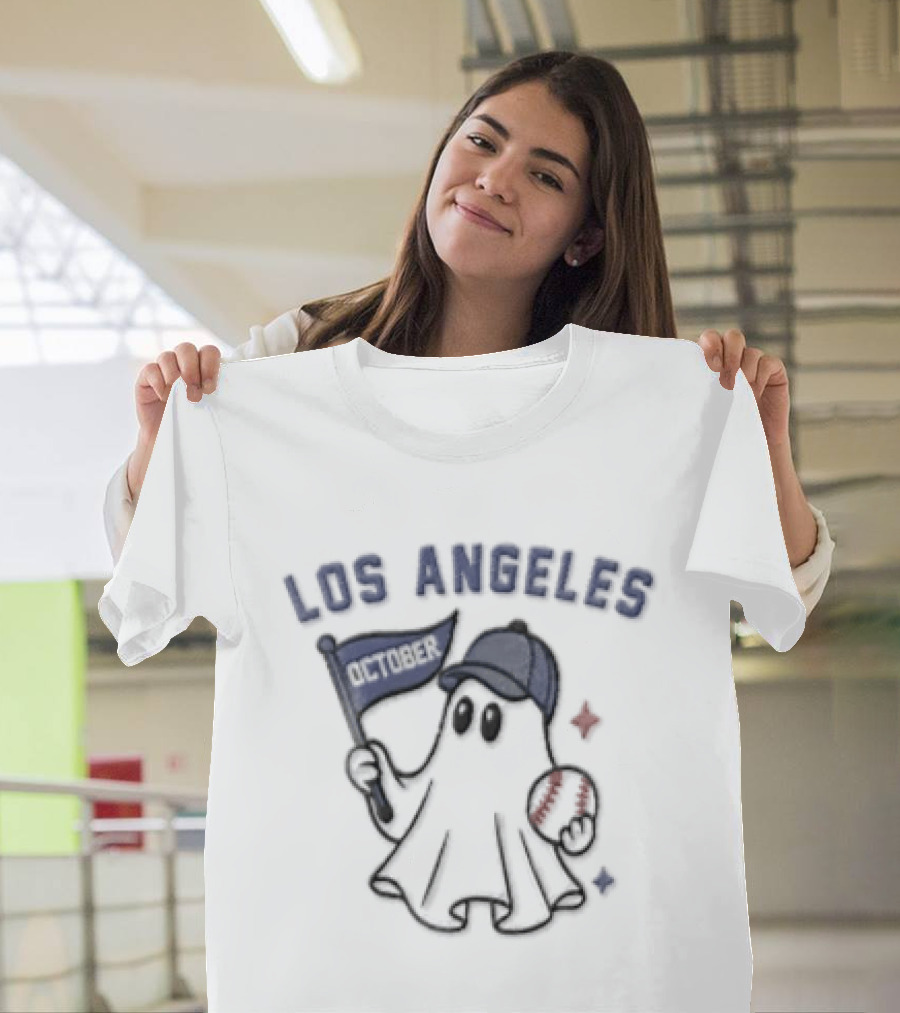 Los Angeles Dodgers Ghost With Flag And Baseball Cap T-Shirt