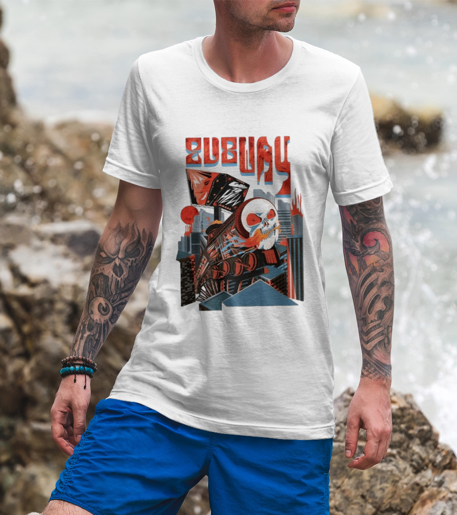 Subway Goes To Hell Skull Train Surreal Cityscape T-Shirt