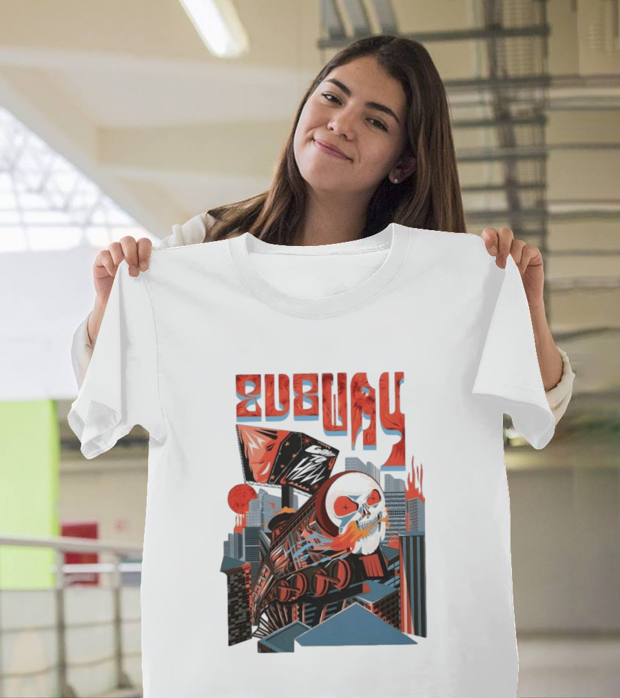 Subway Goes To Hell Skull Train Surreal Cityscape T-Shirt