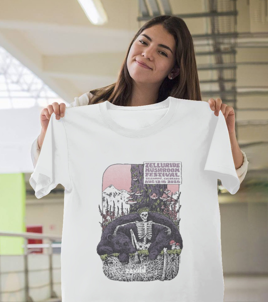 Telluride Mushroom Festival August 12 16 2026 Colorado Skeleton Bear Mountain Scene T-Shirt