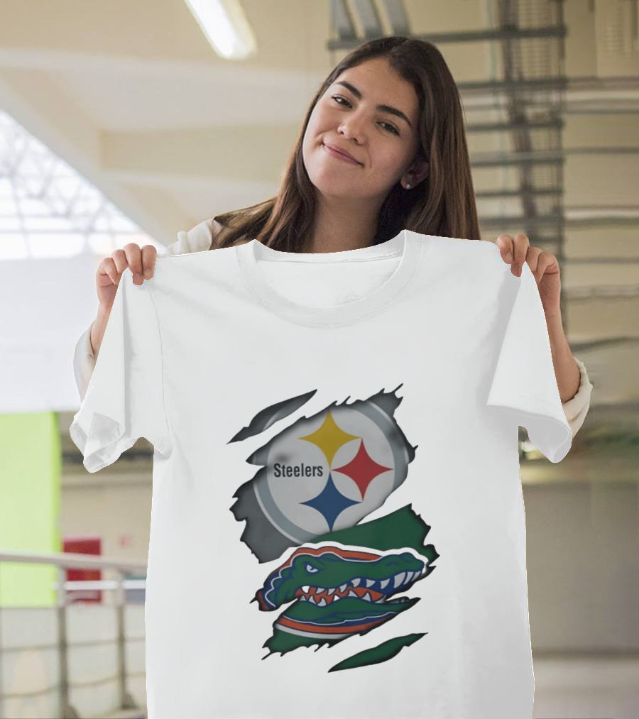 Pittsburgh Steelers Florida Gators Ripped Skin Effect Logos T-Shirt