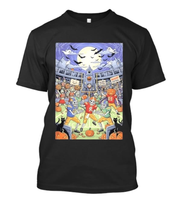 American Football Skeleton Players Halloween Spooky Stadium Night Pumpkins Ghosts Bats T-Shirt