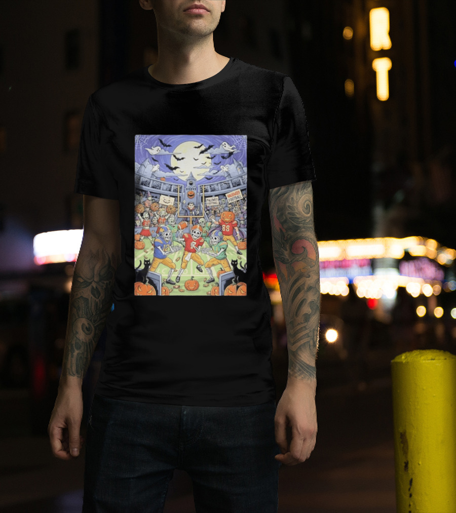 American Football Skeleton Players Halloween Spooky Stadium Night Pumpkins Ghosts Bats T-Shirt