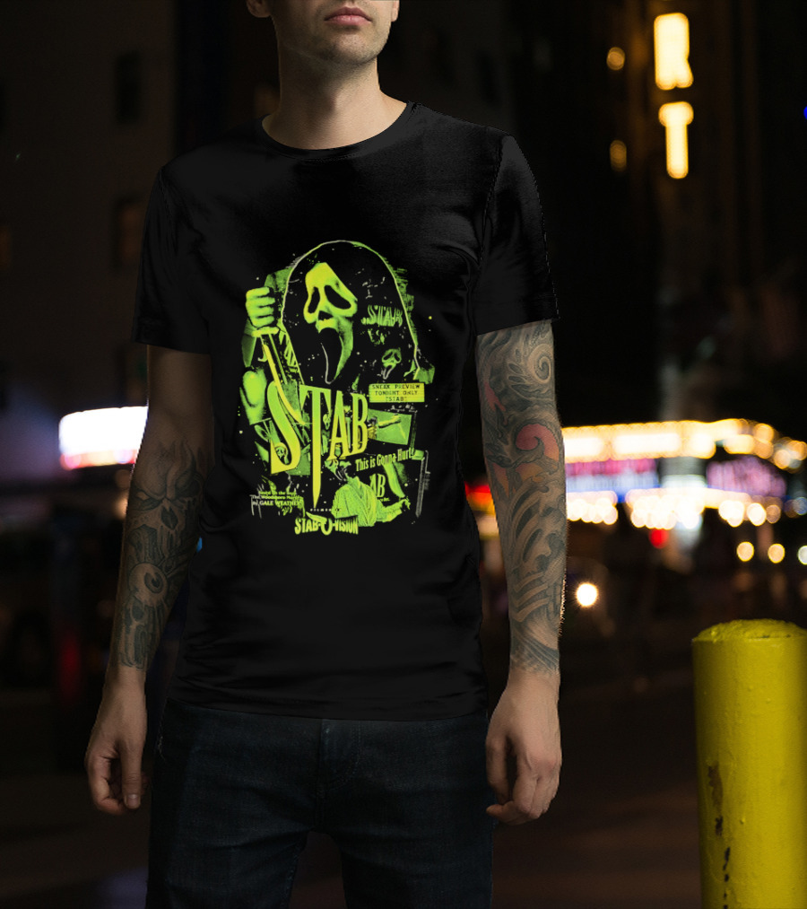 Ghostface Stab O Vision Horror Movie Mask Knife Graphic Neon T-Shirt