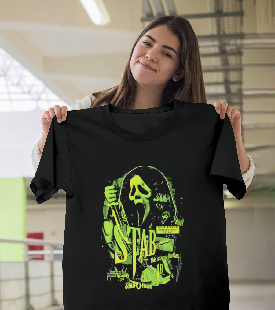 Ghostface Stab O Vision Horror Movie Mask Knife Graphic Neon T-Shirt