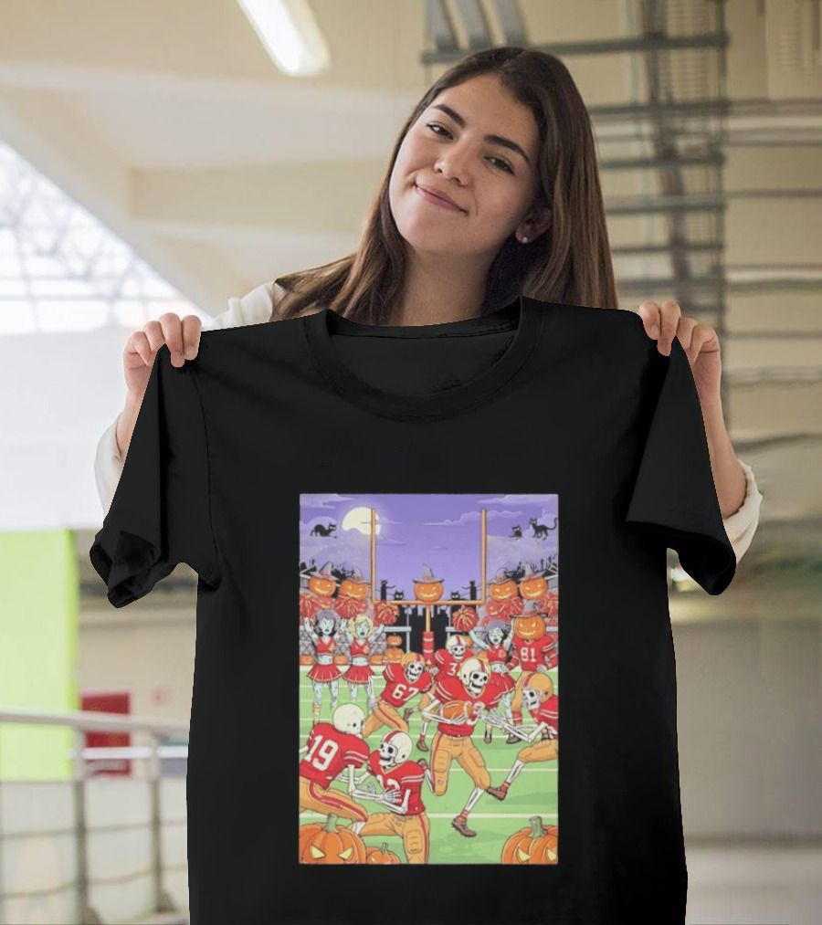San Francisco 49ers Skeleton Football Halloween Pumpkin Cheerleaders Moon Cats T-Shirt