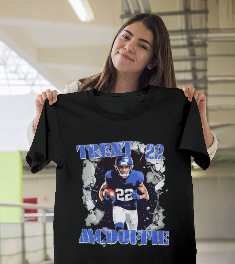 Trent McDuffie 22 Blue Football Player Action Los Angeles Rams Crush T-Shirt