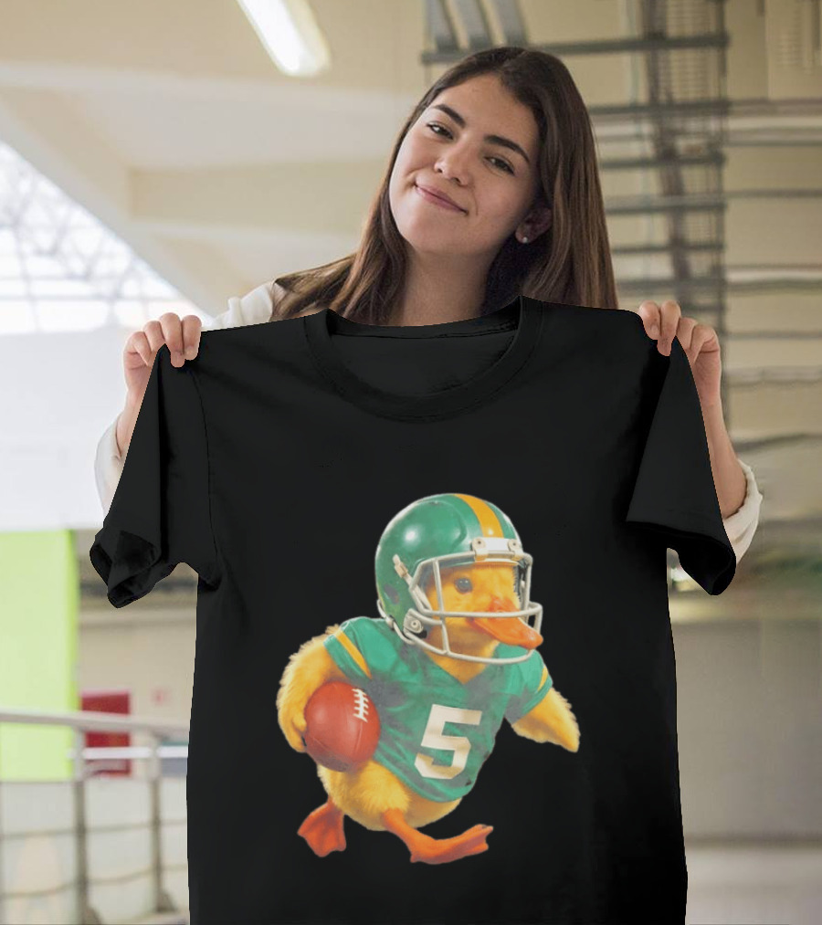 Yellow Duck Number 5 In Green Football Jersey With Helmet And Ball T-Shirt